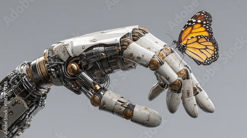 Butterfly rest gently on white robotic hand create striking contrast between nature and technology.