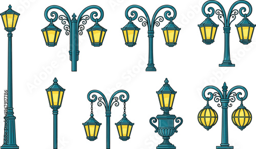 Street, lamp, icon, set, showing, vintage, and, classic, lantern, styles, for, urban, lighting, outdoor, garden, park, vector, isolated, on, white, background.