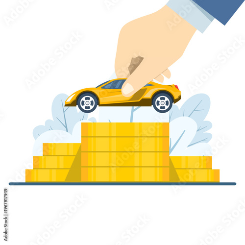 Financial concept illustration, hand with coins and car, representing saving for a car, vehicle cash exchange, and smart money management. flat vector illustration on background