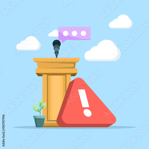 Flat vector of broken loudspeaker and microphone alert, communication failure, canceled press conference, media problem, journalist briefing issue illustration.