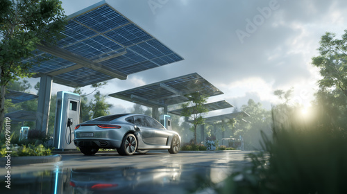 Modern electric vehicle park connect charger at solar power station draw clean energy direct from sun.