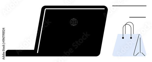 E-commerce, online shopping, digital sales, retail, consumer goods, internet transactions. Black laptop with globe symbol beside blue paper shopping bag. E-commerce and online shopping theme