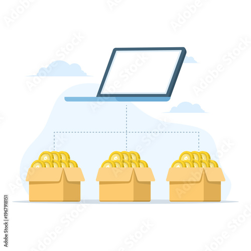 Financial diversification concept, investors sorting coins into multiple boxes, asset allocation, risk management, investment strategy, and portfolio balance vector illustration.