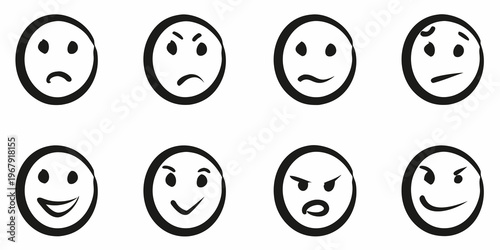 Collection of simple black and white facial expression icons displayed in rows