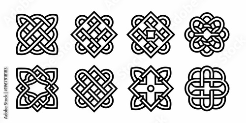 Eight black and white celtic knot designs arranged in a grid pattern
