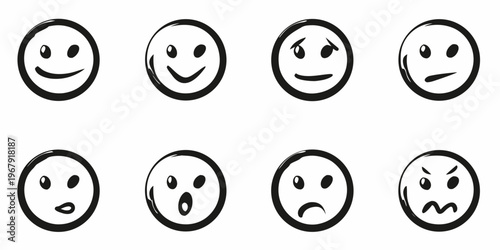 Simple black and white cartoon faces displaying various emotions