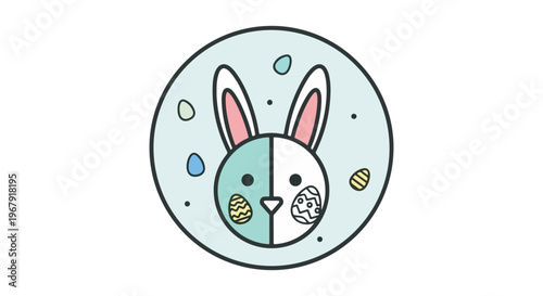 A whimsical Easter bunny face illustration with decorative eggs and pastel colors.
