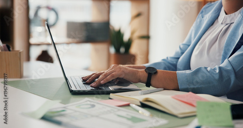 Billede på lærred Hands, woman and typing on laptop at desk for income report, market trends and SEC filing