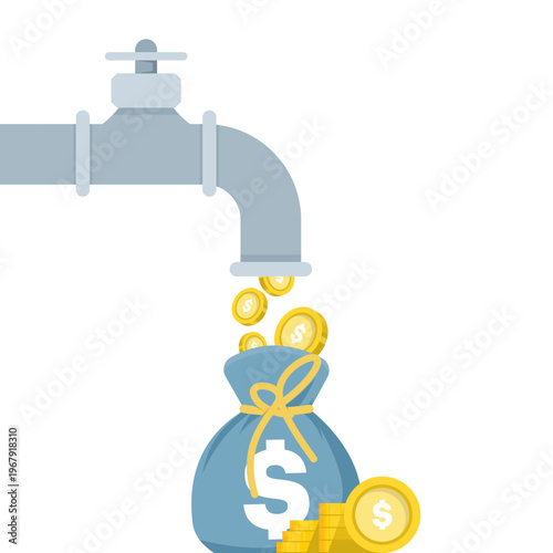 Flat vector of passive income, entrepreneur enjoying while cash flows from faucet, financial freedom, investment profits, wealth growth, and income stream illustration.