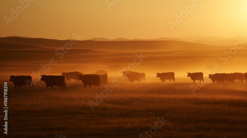 Silhouette cow herd gather across wide pasture sun set beyond horizon.