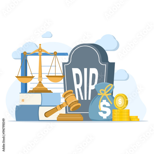 Estate planning concept illustration, gravestone with money and legal documents, symbolizing inheritance, wealth transfer, financial legacy, will planning, and asset distribution vector.