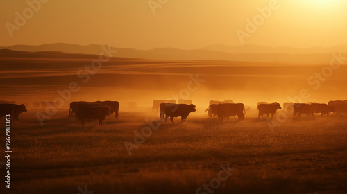 Silhouette cow herd gather across wide pasture sun set beyond horizon.