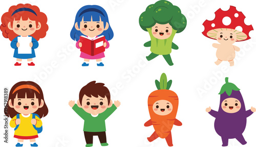 Cute Cartoon Kids and Vegetable Costumes Set with Children Dressed as Broccoli, Carrot, Mushroom, and Reading Characters for Fun Healthy Lifestyle Illustration Design Projects.