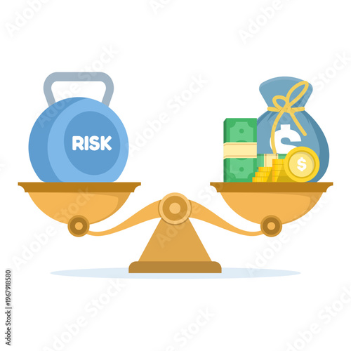 Flat vector of risk vs return balance scale, money bag on one side, weight on the other, representing investment risk, financial planning, and portfolio strategy illustration.