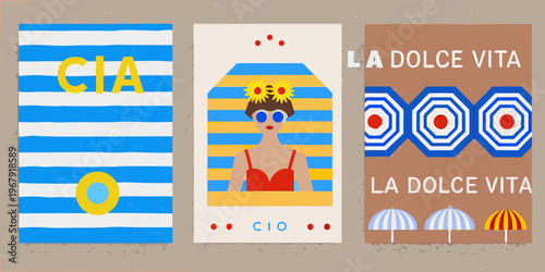 Colorful triptych featuring italian phrases sunbathers and beach motifs