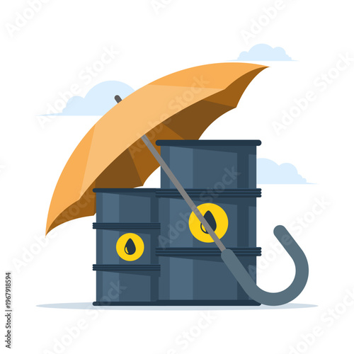 Flat vector of oil barrel under umbrella, symbolizing fuel purchase, petroleum product sale, price auditing, energy protection, and business service illustration.