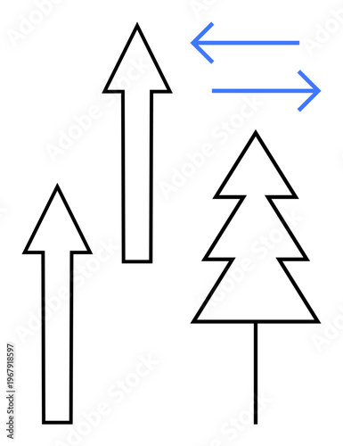 Navigation, decision-making, sustainability, progress, ecological balance, reciprocation. Black arrows, tree outline and blue interchange arrows. Navigation and sustainability conceptual design