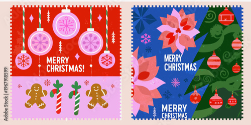 Festive christmas postage stamps with ornaments gingerbread and holiday greetings