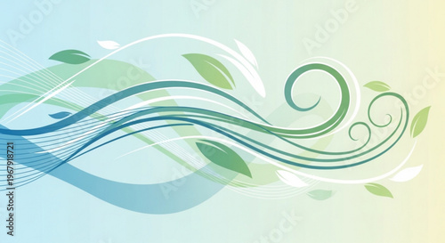 Abstract flowing organic lines and swirls with delicate green leaves and subtle light gradients creating a serene and harmonious naturalistic design element for beauty