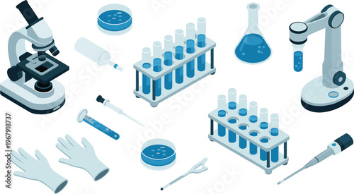 Scientific laboratory equipment set with microscope, test tubes, pipette, petri dishes and robotic arm for research and biotechnology illustration