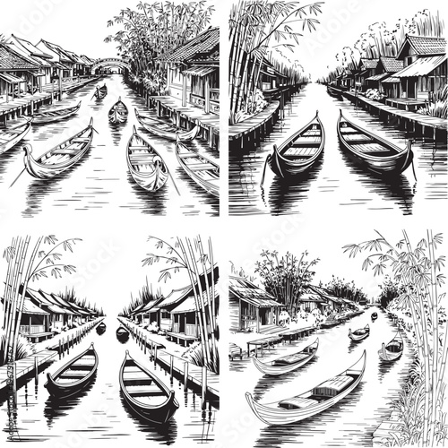 Black and white of palm trees and tropical huts along a river water