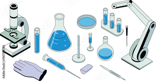 Scientific laboratory equipment illustration with microscope, robotic arm, test tubes, flasks and tools for chemistry research and biotechnology innovation