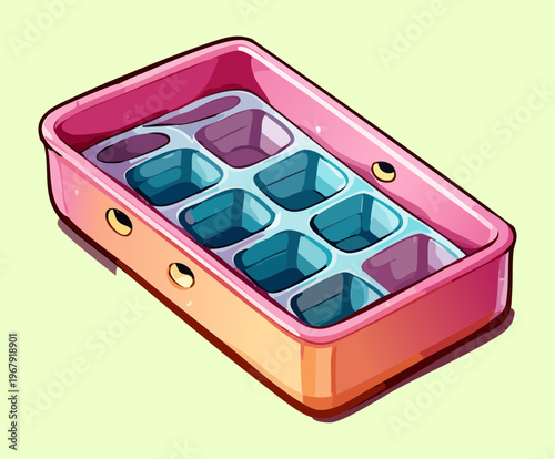 Pink sorting tray with rectangular compartments for hardware or jewelry organization in professional workspace cartoon flat vector illustration art
