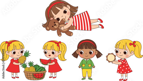 Cute Cartoon Kids with Fruits and Toys Set Featuring Children Holding Pineapple, Watermelon, Bread, and Teddy Bear for Fun Childhood Lifestyle Illustration Design Projects.
