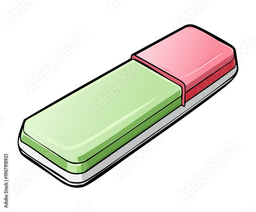 Green and pink eraser tool for art and school stationery supplies in colorful cartoon flat vector illustration graphic art style