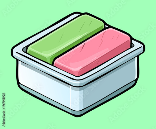 Green and pink lunch box container for food storage and meal preparation in healthy lifestyle concept vector illustration graphic art