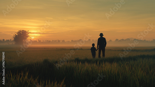Silhouette farmer and child hold hand walk open field sunset.