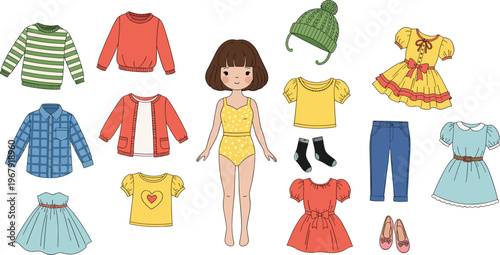 Paper doll girl with various clothing items set, cute cartoon character with dresses, shirts, pants, and accessories for children's creative play.