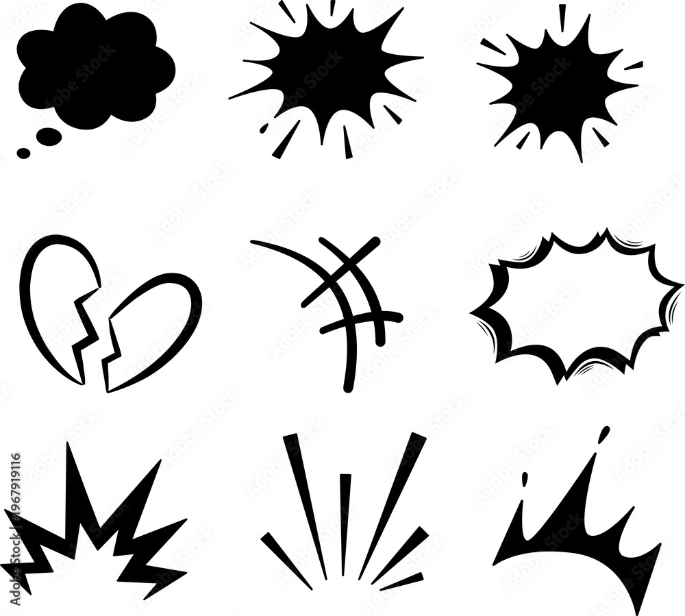 Obraz premium Solid Comic Explosion burst comic speech bubble icon isolated on transparent background. Dynamic shout communication balloon silhouette for pop art design. Hand drawn speech thought comic explosion