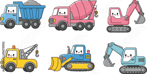 Cute, construction, vehicle, cartoon, character, set, featuring, dump, truck, cement, mixer, excavator, crane, and, bulldozer, for, kids, education, transport, illustration.