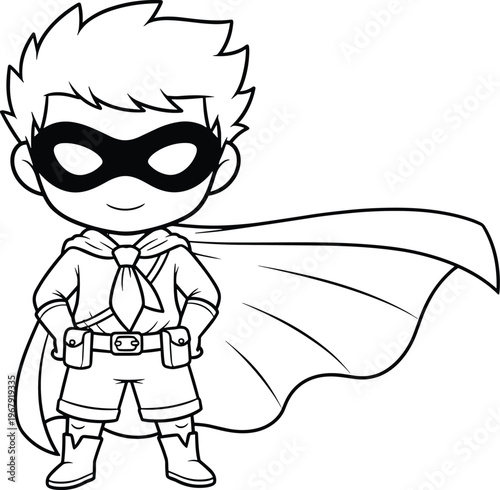 Cute chibi superhero boy character in cape and mask, little hero line art for coloring book, courageous child defender illustration.