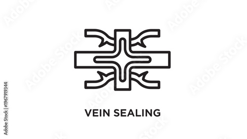 A medical illustration depicting a vein sealing procedure in a simple black and white design, potentially used for educational or marketing purposes in the medical field.