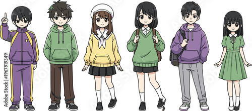 Anime, school, children, character, set, featuring, students, in, various, casual, outfits, and, uniforms, for, education, youth, diversity, lifestyle, vector, illustration.