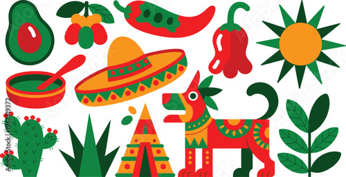 Vibrant Mexican fiesta with sombrero, pinata, and chili peppers