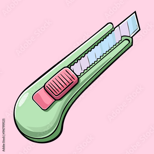 green utility knife or box cutter for office package opening and creative craft work tool for professional business mailing and stationary equipment