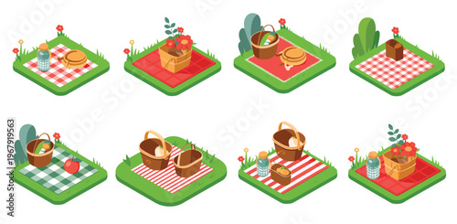 Outdoor picnic vector illustrations, scenes with baskets, blankets, and snacks in flat style, ideal for lifestyle graphics, event invitations, and recreational designs.