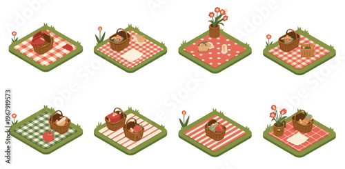 Picnic scenes vector set, illustrations featuring baskets, checkered blankets, and outdoor food items, perfect for summer, leisure, and family-themed design projects.