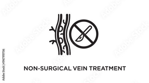 A medical illustration depicting non-surgical vein treatment, featuring a vein with a crossed-out scalpel, symbolizing a minimally invasive approach to vein care.