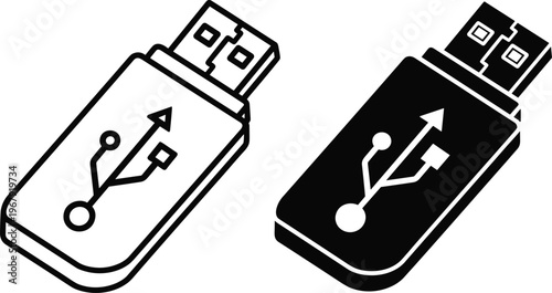 USB, flash, drive, icon, set, including, outline, and, silhouette, versions, for, data, storage, technology, hardware, memory, stick, portable, digital, backup.