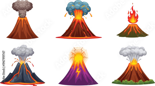 Cartoon Volcano Eruption Set with Different Lava Explosions, Smoke Clouds, and Magma Flow Illustrations for Natural Disaster, Geology, and Environmental Design Projects.
