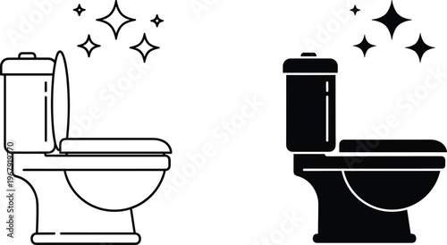 Clean toilet bowl icon set with sparkling stars, bathroom ceramic sanitary ware in line art and silhouette styles, plumbing vector illustrations.