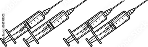 Set of four medical syringe line art icons with needles, health healthcare professional injection tools, vaccination and clinical treatment equipment illustrations.