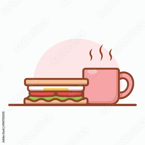 sandwich and a cup of hot coffee cartoon vector illustration isolated on white background 