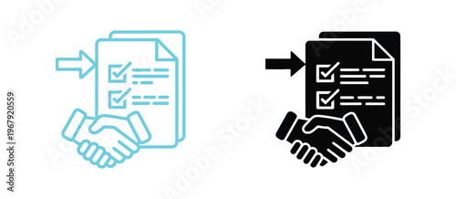 Task delegation icon collection in outline and solid style illustrating task assignment, responsibility sharing and team workflow for business, design and presentation use.