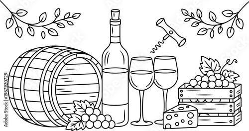 Wine tasting including barrel, bottle, glasses, grapes, and cheese