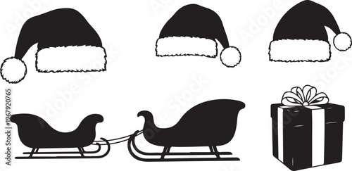 Christmas icons including Santa hats and sleigh with gift